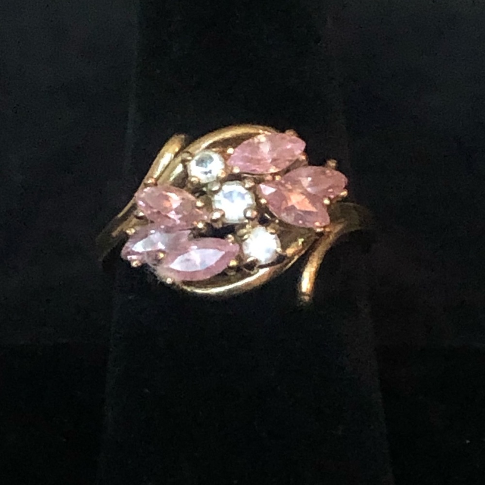 Vintage Golden Ring with Pink and Clear Gemstones